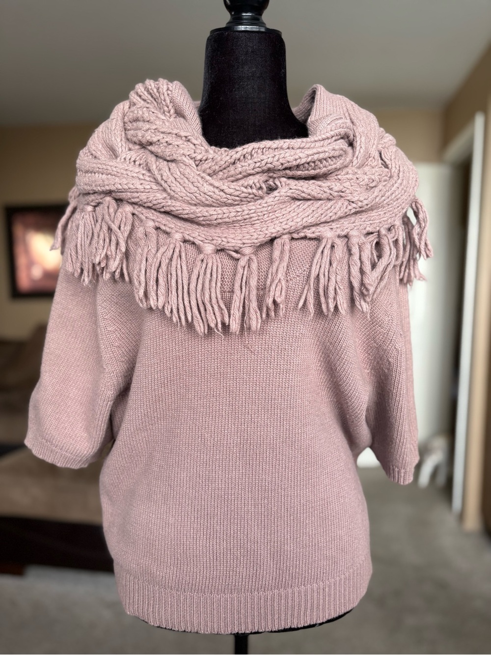BCBG Mauve Fringe Knit Sweater with Cable Scarf